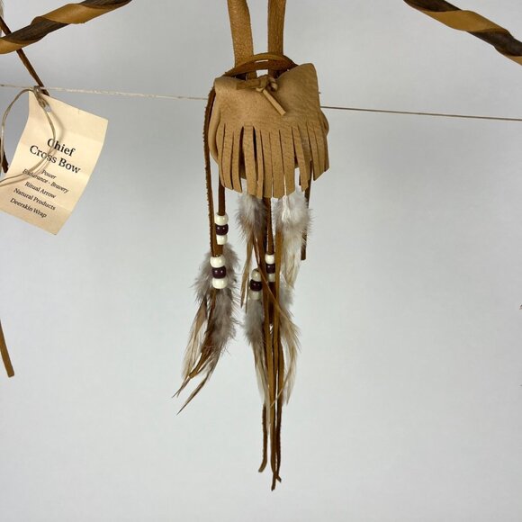 Chief Cross Bow Native American Wall Hanging Decor with Deerskin & Feathers - Picture 7 of 16